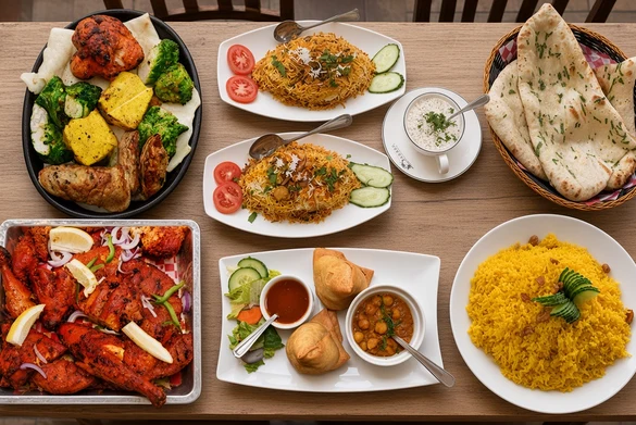 A spread of Indian dishes at Darbar Restaurant Saskatoon on 2nd Avenue South