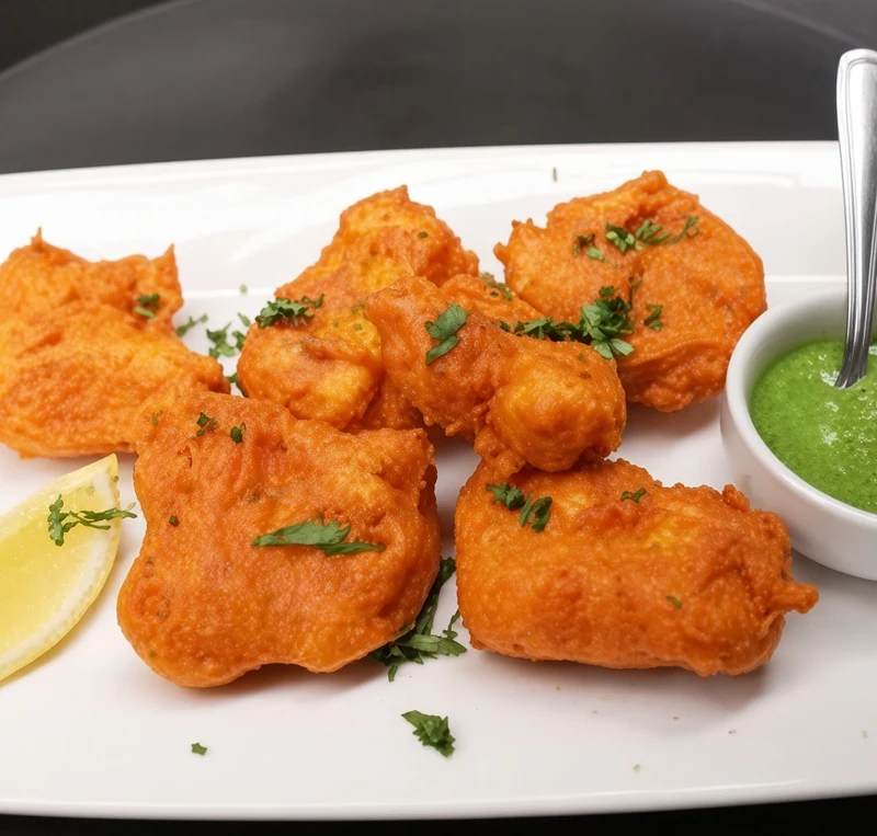 Fish pakora, crispy battered fish with mint chutney and lemon at Darbar Restaurant, downtown Saskatoon