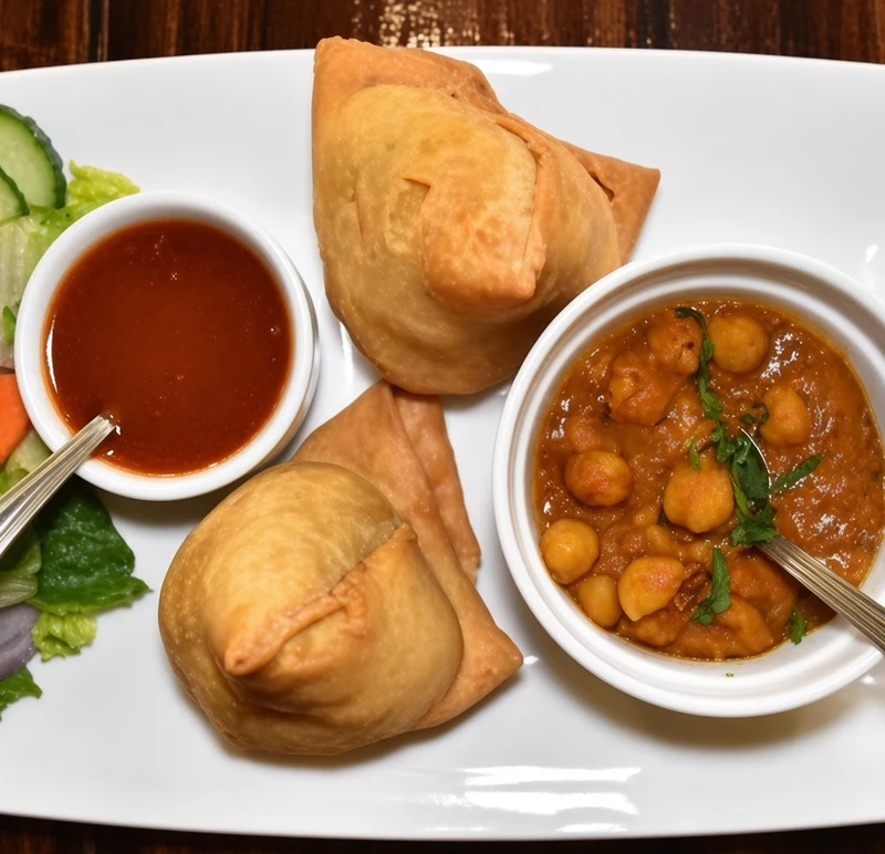 Veg samosas with chickpea curry, chutney and salad at Darbar Restaurant, downtown Saskatoon